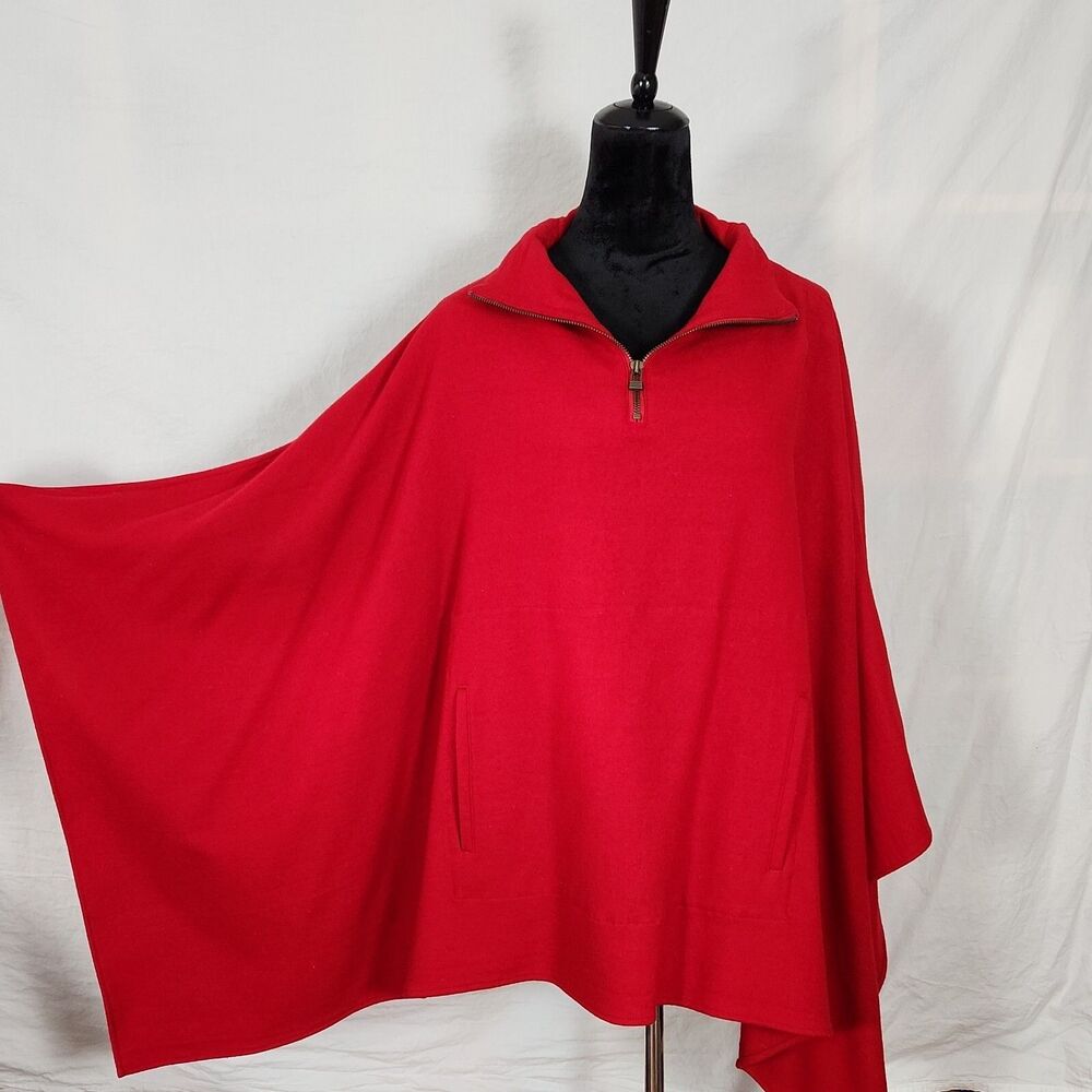 ST JOHNS BAY Wool Blend Cape 1/4 Zip Poncho Sweater One Size Red Pockets - Picture 5 of 11